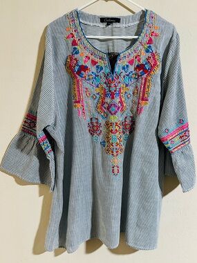 Calessa Striped Embroidered Tunic in Gray & White Stripes-100% cotton